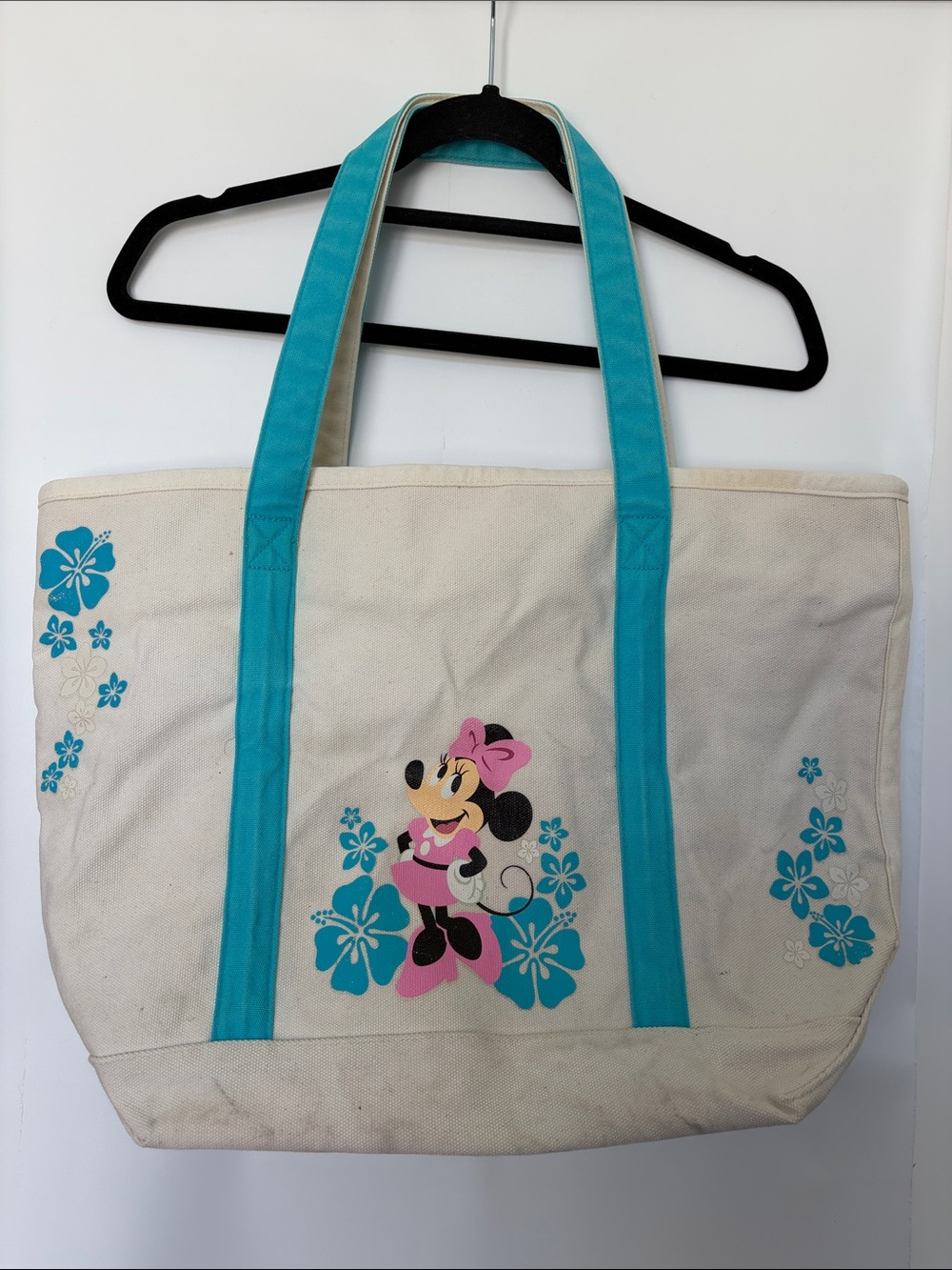 Disney Canvas Tote Bag with Turquoise Tropical Flowers Mickey and Minnie